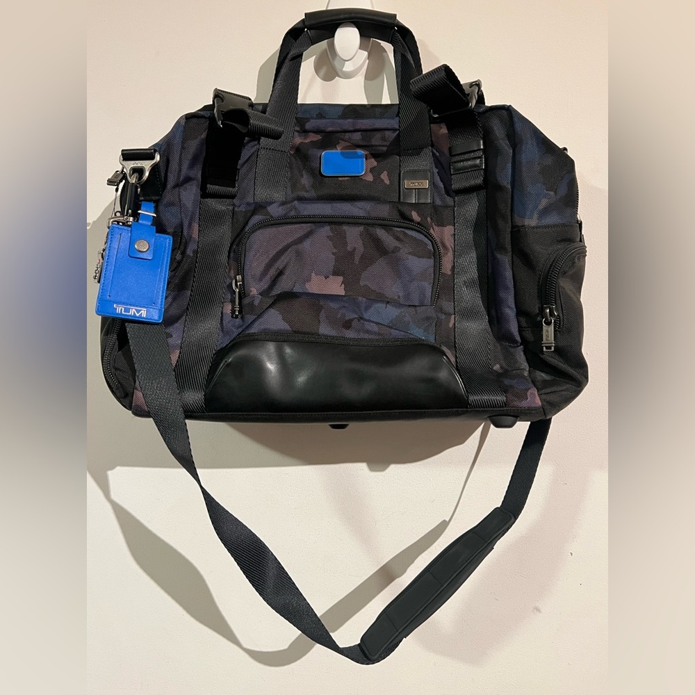 Tumi blue camo Buckner duffle weekender tote bag